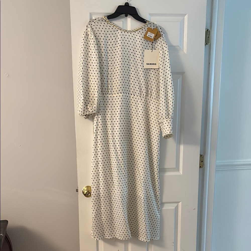 Sandro Cream and Blue Sheath Dress with Bishop Sleeves